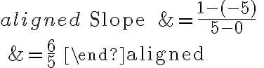 \begin{aligned}
\text { Slope } &=\frac{1-(-5)}{5-0} \\
&=\frac{6}{5}
\end{aligned}