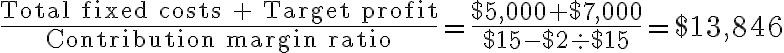 \dfrac{\text{Total fixed costs + Target profit}} {\text{Contribution margin ratio}} = \dfrac{$5,000 +$7,000}{$15-$2 \div $15} = $13,846