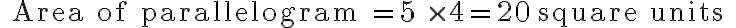 \text { Area of parallelogram }=5 \times 4=20 \text { square units }