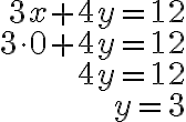 \begin{array}{r}
3 x+4 y=12 \\
3 \cdot 0+4 y=12 \\
4 y=12 \\
y=3
\end{array}