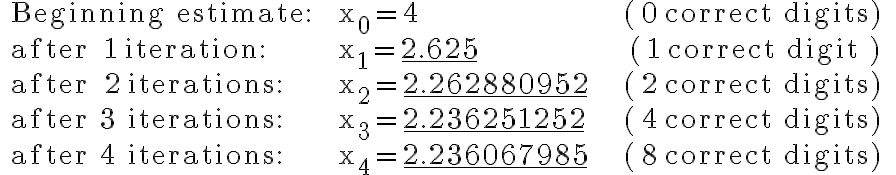  \begin{array}{lll} \text { Beginning estimate: } & \mathrm{x}_{0}=4 & & \text { (} 0 \text { correct digits) } \\ \text { after } 1 \text { iteration: } & \mathrm{x}_{1}=\underline{2.625} & & \text { (} 1 \text { correct digit }) \\ \text { after } 2 \text { iterations: } & \mathrm{x}_{2}=\underline{2.262880952} & & \text { (} 2 \text { correct digits) } \\ \text { after 3 iterations: } & \mathrm{x}_{3}=\underline{2.236251252} & & \text { (} 4 \text { correct digits) } \\ \text { after 4 iterations: } & \mathrm{x}_{4}=\underline{2.236067985} & & \text { (} 8 \text { correct digits) } \end{array} 