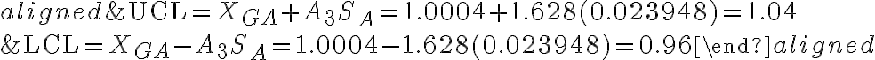 \begin{aligned}
&\mathrm{UCL}=X_{G A}+A_{3} S_{A}=1.0004+1.628(0.023948)=1.04 \\
&\mathrm{LCL}=X_{G A}-A_{3} S_{A}=1.0004-1.628(0.023948)=0.96
\end{aligned}