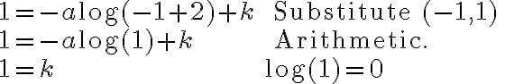\begin{array}{ll}
    1=-a \log (-1+2)+k & \text { Substitute }(-1,1) \\
    1=-a \log (1)+k & \text { Arithmetic. } \\
    1=k & \log (1)=0
    \end{array}