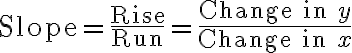 \text{Slope}=\dfrac{\text{Rise}}{\text{Run}}=\dfrac{\text{Change in }y}{\text{Change in }x}