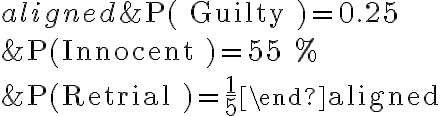 \begin{aligned}&\mathrm{P}(\text { Guilty })=0.25 \\&\mathrm{P}(\text { Innocent })=55 \% \\&\mathrm{P}(\text { Retrial })=\frac{1}{5}\end{aligned}