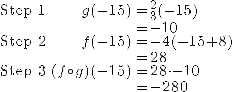 \begin{array}{lrl}\text{Step 1}&g(-15) &= \dfrac{2}{3}(-15)\\\\&&=-10\\\\\text{Step 2}&f(-15) &= -4(-15+8)\\\\&&= 28\\\\\text{Step 3}&(f \circ g)(-15) &=28 \cdot -10\\\\&&=-280\end{array}