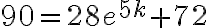 90 = 28e^{5k}+72