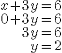 \begin{array}{r}
x+3 y=6 \\
0+3 y=6 \\
3 y=6 \\
y=2
\end{array}