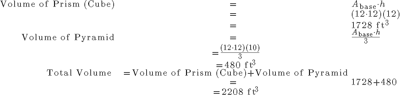 \begin{align*} \text{Volume of Prism (Cube)}&=A_{\text{base}} \cdot h \\ &=(12 \cdot 12) (12) \\ &=1728 \ {\text{ft}}^3 \\ \text{Volume of Pyramid} &=\frac{A_{\text{base}} \cdot h}{3}\\ & =\frac{(12 \cdot 12) (10)}{3}\\ & =480 \ \text{ft}^3 \\ \text{Total Volume} & = \text{Volume of Prism (Cube)}+ \text{Volume of Pyramid} \\ &=1728+480 \\ & =2208 \ \text{ft}^3\end{align*} 