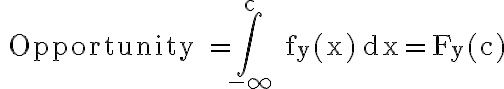 \text { Opportunity }=\int_{-\infty}^{c} \mathrm{f}_{\mathrm{y}}(\mathrm{x}) \mathrm{d} \mathrm{x}=\mathrm{F}_{\mathrm{y}}(\mathrm{c})