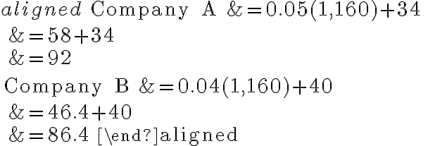 \begin{aligned} \text { Company } A &=0.05(1,160)+34 \\ &=58+34 \\ &=92 \\ \\ \text { Company } B &=0.04(1,160)+40 \\ &=46.4+40 \\ &=86.4 \end{aligned}