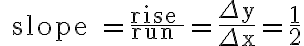 \text { slope }=\frac{\text { rise }}{\text { run }}=\frac{\Delta y}{\Delta x}=\frac{1}{2}