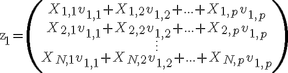  \textrm{z}_1=\begin{pmatrix}
    X_{1,1}v_{1,1}+X_{1,2}v_{1,2}+ ... +X_{1,p}v_{1,p}\\
    X_{2,1}v_{1,1}+X_{2,2}v_{1,2}+ ... +X_{2,p}v_{1,p}\\
    \vdots\\
    X_{N,1}v_{1,1}+X_{N,2}v_{1,2}+ ... +X_{N,p}v_{1,p}\end{pmatrix}