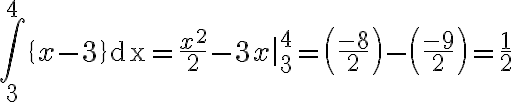 \int_{3}^{4}\{x-3\} \mathrm{dx}=\frac{x^{2}}{2}-\left.3 x\right|_{3} ^{4}=\left(\frac{-8}{2}\right)-\left(\frac{-9}{2}\right)=\frac{1}{2}
