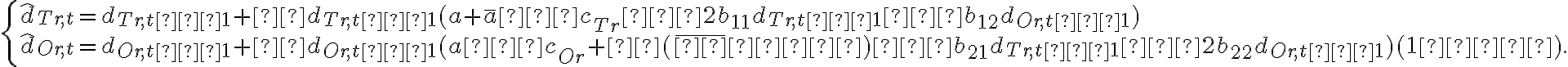  \left\{ \begin{array}{ll} \widehat {d}_{Tr,t}=d_{Tr,t−1}+αd_{Tr,t−1}(a+\overline{a}−c_{Tr}−2b_{11}d_{Tr,t−1}−b_{12}d_{Or,t−1}) \\\widehat {d}_{Or,t}=d_{Or,t−1}+βd_{Or,t−1}(a−c_{Or}+θ(\overline{φ}−φ)−b_{21}d_{Tr,t−1}−2b_{22}d_{Or,t−1})(1−φ) .\end{array} \right. 