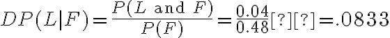 DP(L | F)=\dfrac{P(L\text{ and }F)}{P(F)}=\dfrac{0.04}{0.48}˜=.0833