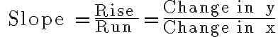 \text { Slope }=\frac{\text { Rise }}{\text { Run }}=\frac{\text { Change in } y}{\text { Change in } x}