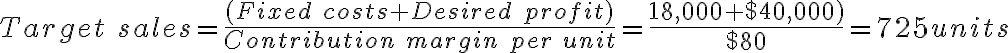 Target\ sales=\frac{(Fixed\ costs + Desired\ profit)}{Contribution\ margin\ per\ unit}=\frac{($18,000+$40,000)}{$80}=725units