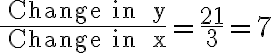 \frac{\text { Change in } y}{\text { Change in } x}=\frac{21}{3}=7