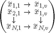 \begin{pmatrix}
    \tilde{x}_{1,1} & \rightarrow & \tilde{x}_{1,v} \\
    \tilde{x}_{2,1} & \rightarrow & \tilde{x}_{1,v} \\
    \downarrow & & \downarrow\\
    \tilde{x}_{N,1} & \rightarrow & \tilde{x}_{N,v}
    \end{pmatrix}