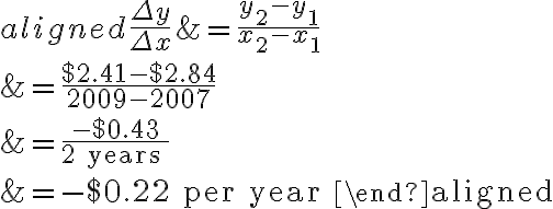 \begin{aligned}\dfrac{\Delta y}{\Delta x}&=\dfrac{y_{2}-y_{1}}{x_{2}-x_{1}} \\&=\dfrac{\$ 2.41-\$ 2.84}{2009-2007} \\&=\dfrac{-\$ 0.43}{2 \text { years }} \\&=-\$ 0.22 \text { per year }\end{aligned}