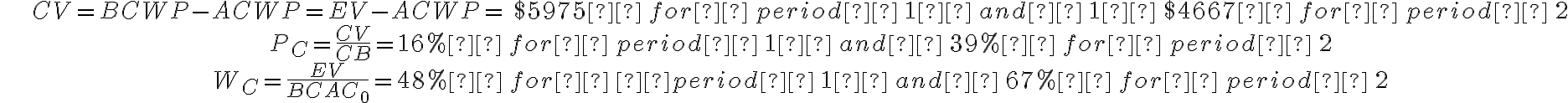  \begin{align} &C V=B C W P-A C W P=E V-A C W P= \, \$ 5975  \, for  \, period  \, 1  \, and  \, 1  \, \$ 4667  \, for  \, period  \, 2\\ &P_{C}=\frac{C V}{C B}=16\%  \, for  \, period  \, 1  \, and  \, 39 \%  \, for  \, period  \, 2 \\ &W_{C}=\frac{E V}{B C A C_{0}}=48\%  \, for  \,  period  \, 1  \, and  \, 67\%  \, for  \, period  \, 2 \end{align}