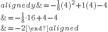 \begin{aligned}
y &=-\frac{1}{8}(4)^{2}+1(4)-4 \\
&=-\frac{1}{8} \cdot 16+4-4 \\
&=-2
\end{aligned}