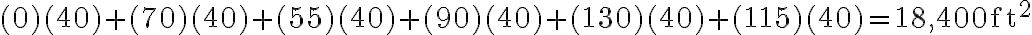 (0)(40)+(70)(40)+(55)(40)+(90)(40)+(130)(40)+(115)(40)=18,400 \mathrm{ft}^{2}