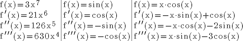 \begin{array}{l|l|l}\mathrm{f}(\mathrm{x})=3 \mathrm{x}^{7} & \mathrm{f}(\mathrm{x})=\sin (\mathrm{x}) & \mathrm{f}(\mathrm{x})=\mathrm{x} \cdot \cos (\mathrm{x}) \\\mathrm{f}^{\prime}(\mathrm{x})=21 \mathrm{x}^{6} & \mathrm{f}^{\prime}(\mathrm{x})=\cos (\mathrm{x}) & \mathrm{f}^{\prime}(\mathrm{x})=-\mathrm{x} \cdot \sin (\mathrm{x})+\cos (\mathrm{x}) \\\mathrm{f}^{\prime \prime}(\mathrm{x})=126 \mathrm{x}^{5} & \mathrm{f}^{\prime \prime}(\mathrm{x})=-\sin (\mathrm{x}) & \mathrm{f}^{\prime \prime}(\mathrm{x})=-\mathrm{x} \cdot \cos (\mathrm{x})-2 \sin (\mathrm{x}) \\\mathrm{f}^{\prime \prime \prime}(\mathrm{x})=630 \mathrm{x}^{4} & \mathrm{f}^{\prime \prime \prime}(\mathrm{x})=-\cos (\mathrm{x}) & \mathrm{f}^{\prime \prime \prime}(\mathrm{x})=\mathrm{x} \cdot \sin (\mathrm{x})-3 \cos (\mathrm{x})\end{array}