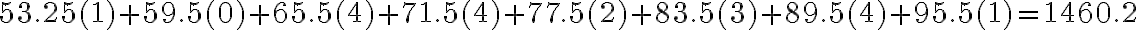 53.25(1)+59.5(0)+65.5(4)+71.5(4)+77.5(2)+83.5(3)+89.5(4)+95.5(1)=1460.2